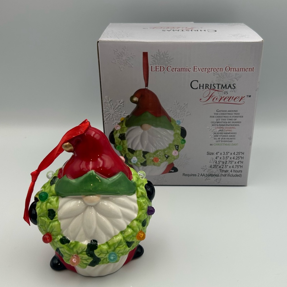 *New* LED Ceramic Christmas Santa Gnome Ornament (Timer/“On”/“Off” Feature)